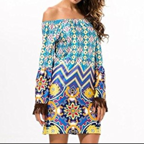 Xcel Couture Dresses & Skirts - Off Shoulder Paisley Print Flare Sleeve Dress
